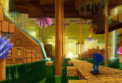 Size: 1081x739 | Tagged: safe, artist:lkurdyl, sonic the hedgehog, hedgehog, labyrinth zone, 2024, bricks, crystal, dripping, fire, fireball, looking ahead, male, monitor, pillar, scenery, scenery porn, solo, spike, spring, trident, vines, water, waterfall, wet
