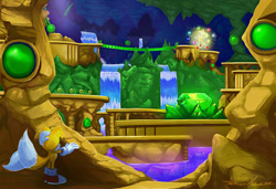 Size: 1081x739 | Tagged: safe, artist:lkurdyl, miles "tails" prower, sonic the hedgehog, super sonic, fox, hedgehog, 2024, bridge, chaos emerald, chaos emeralds, clenched fist, duo, gem, hidden palace zone, male, master emerald, ring, scenery, scratching head, sonic the hedgehog 2 (1992), super form, water, waterfall