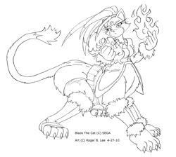 Size: 1024x918 | Tagged: source needed, safe, artist:whitewolf105, blaze the cat, 2010, blaze's tailcoat, flame, line art, side view, signature, taur