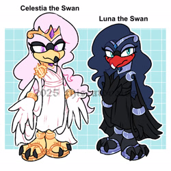 Size: 2048x2048 | Tagged: safe, artist:thiscatdraws, mobianified, my little pony, princess celestia, princess luna, swan