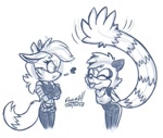 Size: 751x636 | Tagged: safe, artist:sapphired, fiona fox, tangle the lemur, 2025, arms folded, cute, duo, eyes closed, line art, monochrome, signature, simple background, sketch, standing, tongue out, white background