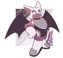 Size: 753x698 | Tagged: safe, artist:sonicpridecorner, rouge the bat, 2025, abstract background, ace, asexual, asexual pride, ear piercing, earring, flat colors, lidded eyes, looking offscreen, pride, smile, solo, sparkles, standing