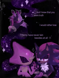 Size: 661x863 | Tagged: safe, artist:boyscout_badger, espio the chameleon, shadow the hedgehog, 2025, claws, duo, eyeshadow, gay, gloves off, holding hands, lineless, shadpio, shipping, song lyrics, sparkles