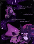 Size: 661x863 | Tagged: safe, artist:boyscout_badger, espio the chameleon, shadow the hedgehog, 2025, claws, duo, eyeshadow, gay, gloves off, holding hands, lineless, shadpio, shipping, song lyrics, sparkles