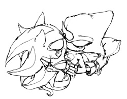 Size: 879x684 | Tagged: safe, artist:boyscout_badger, espio the chameleon, shadow the hedgehog, 2025, blushing, duo, eyes closed, gay, holding each other, kiss, line art, monochrome, shadpio, shipping, simple background, white background