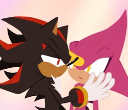 Size: 2048x1768 | Tagged: safe, artist:kirby64star, espio the chameleon, shadow the hedgehog, 2025, duo, gay, hand on another's face, lidded eyes, looking at each other, mouth open, shadpio, shipping, simple background
