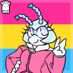 Size: 600x600 | Tagged: safe, artist:graves-yard, jewel the beetle, 2025, eyelashes, icon, looking offscreen, pansexual, pansexual pride, pride, pride flag, pride flag background, smile, solo
