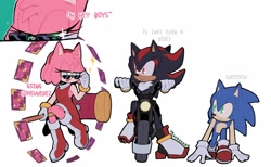 Size: 2268x1400 | Tagged: safe, artist:fravoccado, amy rose, shadow the hedgehog, sonic the hedgehog, motorcycle, piko piko hammer, tarot card