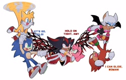 Size: 1884x1200 | Tagged: safe, artist:fravoccado, amy rose, knuckles the echidna, miles "tails" prower, rouge the bat, shadow the hedgehog, sonic the hedgehog, flying