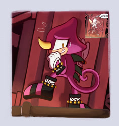 Size: 1934x2048 | Tagged: safe, artist:momoloop, espio the chameleon, 2025, abstract background, looking at viewer, redraw, reference inset, smile, solo, sweatdrop