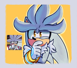 Size: 2048x1807 | Tagged: safe, artist:momoloop, silver the hedgehog, 2025, abstract background, arms folded, outline, redraw, solo, thinking