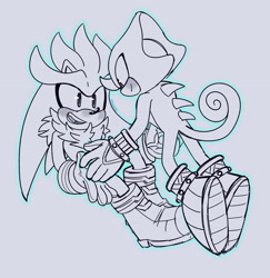Size: 1990x2048 | Tagged: safe, artist:momoloop, espio the chameleon, silver the hedgehog, 2025, duo, flying, gay, grey background, line art, looking at each other, mid-air, monochrome, outline, psychokinesis, shipping, silvio, simple background, smile