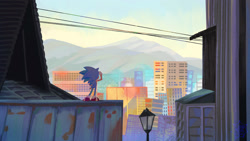 Size: 2048x1152 | Tagged: safe, artist:whyyjess, sonic the hedgehog, 2025, abstract background, building, city, lamp, looking offscreen, solo, standing, wire