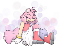 Size: 1148x943 | Tagged: safe, artist:sonicpridecorner, amy rose, 2025, abstract background, cheek fluff, cupioromantic, cupioromantic pride, dress, ear fluff, eyes closed, mouth open, open smile, pride, sitting, smile, solo