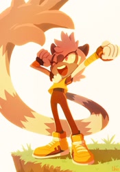 Size: 1431x2048 | Tagged: safe, artist:yui karasuno, tangle the lemur, grass, looking up, one eye closed, simple background, solo, stretching, white background