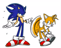 Size: 2048x1614 | Tagged: safe, artist:93cats, miles "tails" prower, sonic the hedgehog, 2025, bending over, duo, frown, lidded eyes, looking at them, looking at viewer, redraw, shrugging, simple background, spinning tails, standing, tongue out, uekawa style, water, wet, white background
