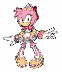 Size: 1770x2048 | Tagged: safe, artist:93cats, amy rose, 2025, bow, bowtie, donut, dulce amy, looking at viewer, simple background, smile, solo, standing, strawberry, uekawa style, white background