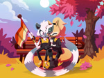 Size: 2000x1499 | Tagged: safe, artist:bluetakrush, tangle the lemur, whisper the wolf, 2025, abstract background, arm around shoulders, bench, cherry blossom petals, cherry blossom tree, clouds, daytime, duo, flag, grass, holding something, lesbian, lesbian pride, lineless, outdoors, pride, pride flag, sakura blossoms, shipping, sitting, tangle x whisper
