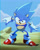 Size: 1581x2000 | Tagged: safe, artist:bluetakrush, sonic the hedgehog, hedgehog, sonic cd, 2025, abstract background, classic sonic, classic sonic (universe), daytime, frown, looking ahead, looking offscreen, male, outdoors, redraw, signature, solo