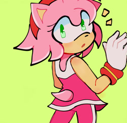 Size: 2048x1984 | Tagged: safe, artist:nuibui, amy rose, 2025, green background, looking at viewer, looking back, looking back at viewer, mouth open, riders outfit, simple background, solo, sonic riders, standing, surprised