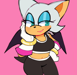 Size: 2048x1984 | Tagged: safe, artist:nuibui, rouge the bat, 2025, blushing, hand on face, hand on hip, lidded eyes, midriff, pink background, riders outfit, simple background, smile, solo, sonic riders, standing