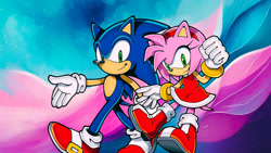 Size: 1192x670 | Tagged: safe, artist:soniclover82, amy rose, sonic the hedgehog, hedgehog, 2024, abstract background, amy x sonic, duo, female, male, shipping, straight, wallpaper