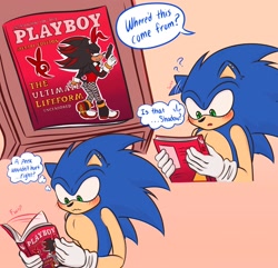 Size: 2048x1975 | Tagged: suggestive, artist:sabbathundead, shadow the hedgehog, sonic the hedgehog, bunny suit, fishnets, gay, playboy, reading, seductive, shadow x sonic, shipping
