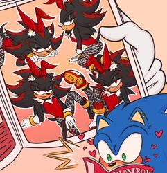 Size: 1975x2048 | Tagged: suggestive, artist:sabbathundead, shadow the hedgehog, sonic the hedgehog, all fours, bunny suit, covering crotch, doggy style, fishnets, gay, gun, hearts, in love, legs spread, playboy, reading, seductive, shadow x sonic, shipping