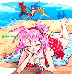 Size: 1212x1238 | Tagged: safe, artist:sparrowcrit, amy rose, knuckles the echidna, miles "tails" prower, sonic the hedgehog, human, abstract background, beach, bikini, clouds, dark skin, daytime, eyes closed, group, humanized, ocean, outdoors, signature, smile, solo focus, swimsuit, water