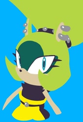 Size: 806x1182 | Tagged: safe, artist:maurofonseca, artist:ppdppl_art, surge the tenrec, tenrec, 2022, belt, blue background, ear piercing, female, hairband, idw, lineless, looking at viewer, pants, simple background, solo