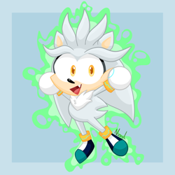 Size: 1150x1150 | Tagged: safe, artist:supercyborgdino, silver the hedgehog, 2025, blue background, border, chibi, cute, flying, hands up, looking at viewer, mid-air, mouth open, one fang, open smile, outline, psychokinesis, signature, silvabetes, simple background, smile, smiling at viewer, solo