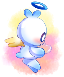 Size: 1000x1200 | Tagged: safe, artist:angelrosestar, chao, 2023, blushing, flying, glass, gradient background, heart, hero chao, holding something, looking at something, mid-air, mouth open, side view, solo