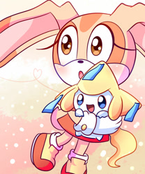 Size: 1024x1229 | Tagged: safe, artist:angelrosestar, cream the rabbit, 2022, abstract background, agender, blushing, crossover, cute, duo, female, heart, holding them, jirachi, looking offscreen, mouth open, open smile, pokemon, smile