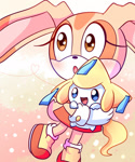 Size: 1024x1229 | Tagged: safe, artist:angelrosestar, cream the rabbit, 2022, abstract background, agender, blushing, crossover, cute, duo, female, heart, holding them, jirachi, looking offscreen, mouth open, open smile, pokemon, smile