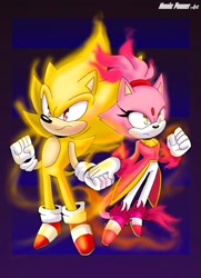 Size: 1322x1822 | Tagged: safe, artist:nonicpower, blaze the cat, burning blaze, sonic the hedgehog, 2025, abstract background, clenched fist, duo, frown, holding hands, looking offscreen, signature, standing, super form