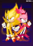 Size: 1322x1822 | Tagged: safe, artist:nonicpower, blaze the cat, burning blaze, sonic the hedgehog, 2025, abstract background, clenched fist, duo, frown, holding hands, looking offscreen, signature, standing, super form