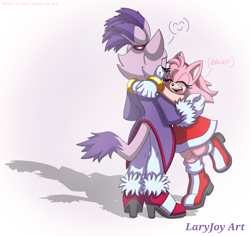Size: 3245x3058 | Tagged: safe, artist:laryjoy, amy rose, blaze the cat, 2025, cute, dialogue, duo, eyes closed, hugging, open smile, shadow (lighting), signature, simple background, smile, standing, standing on one leg, text, white background