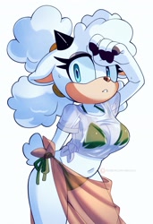 Size: 2803x4096 | Tagged: safe, artist:nikkikaji, lanolin the sheep, bikini, simple background, solo, sweatdrop, white background