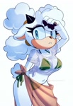 Size: 2803x4096 | Tagged: safe, artist:nikkikaji, lanolin the sheep, bikini, simple background, solo, sweatdrop, white background