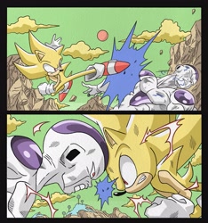Size: 1921x2048 | Tagged: safe, artist:wesatinthecar, sonic the hedgehog, super sonic, crossover, dragon ball z, duo, fight, freeza (dragon ball), headbutt, kicking, super form