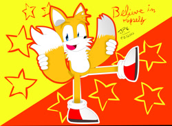Size: 1280x936 | Tagged: safe, artist:usansky, miles "tails" prower, 2022, abstract background, believe in myself, english text, flat colors, holding tail, looking at viewer, mouth open, open smile, outline, signature, smile, smiling at viewer, solo, standing, standing on one leg, star (symbol), text