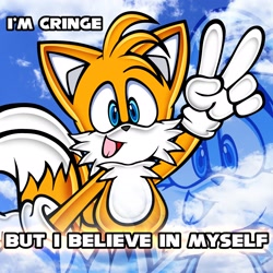 Size: 2048x2048 | Tagged: safe, artist:sonicfastdraw, miles "tails" prower, 2025, abstract background, believe in myself, caption, clouds, echo background, english text, i am cringe (meme), looking at viewer, meme, mouth open, open mouth, sky background, smile, smiling at viewer, solo, text, uekawa style, v sign
