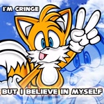 Size: 2048x2048 | Tagged: safe, artist:sonicfastdraw, miles "tails" prower, 2025, abstract background, believe in myself, caption, clouds, echo background, english text, i am cringe (meme), looking at viewer, meme, mouth open, open mouth, sky background, smile, smiling at viewer, solo, text, uekawa style, v sign