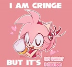 Size: 1292x1196 | Tagged: safe, artist:emistations, amy rose, 2025, amybetes, blushing, bust, caption, cute, english text, eyes closed, hands together, heart, i am cringe (meme), meme, mouth open, my sweet passion, open smile, outline, pink background, signature, simple background, smile, solo, text