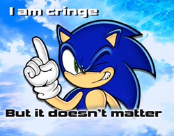 Size: 2048x1596 | Tagged: safe, artist:furdman02, sonic the hedgehog, 2025, abstract background, caption, clenched teeth, english text, i am cringe (meme), it doesn't matter, looking at viewer, meme, pointing, smile, smiling at viewer, solo, text, uekawa style, wink