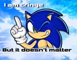 Size: 2048x1596 | Tagged: safe, artist:furdman02, sonic the hedgehog, 2025, abstract background, caption, clenched teeth, english text, i am cringe (meme), it doesn't matter, looking at viewer, meme, pointing, smile, smiling at viewer, solo, text, uekawa style, wink