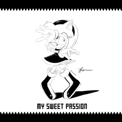 Size: 2000x2000 | Tagged: safe, artist:possessedfish, amy rose, 2024, black and white, english text, looking at viewer, monochrome, my sweet passion, posing, shadow (lighting), signature, simple background, smile, smiling at viewer, solo, standing, text, white background, wink, winking at viewer