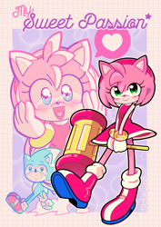 Size: 2480x3508 | Tagged: safe, artist:marikyuun, amy rose, sonic the hedgehog, 2023, abstract background, amybetes, blushing, cute, duo, dust clouds, english text, frown, hands on own face, heart, heart tongue, holding something, mouth open, my sweet passion, open smile, piko piko hammer, running, smile, smiling at viewer, solo focus, sonabetes, standing, standing on one leg, sweatdrop, text