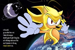 Size: 1860x1248 | Tagged: safe, artist:alicedacreator, sonic the hedgehog, super sonic, 2025, abstract background, bug, butterfly, earth, english text, it doesn't matter, literal animal, looking offscreen, moon, nike mouth, planet, smile, solo, song lyrics, space, sparkles, super form, text
