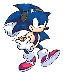 Size: 848x974 | Tagged: safe, artist:alicedacreator, sonic the hedgehog, 2025, classic sonic, clenched fist, frown, headphones, holding something, looking offscreen, markerwork, necklace, posing, ring, simple background, solo, standing, standing on one leg, traditional media, white background